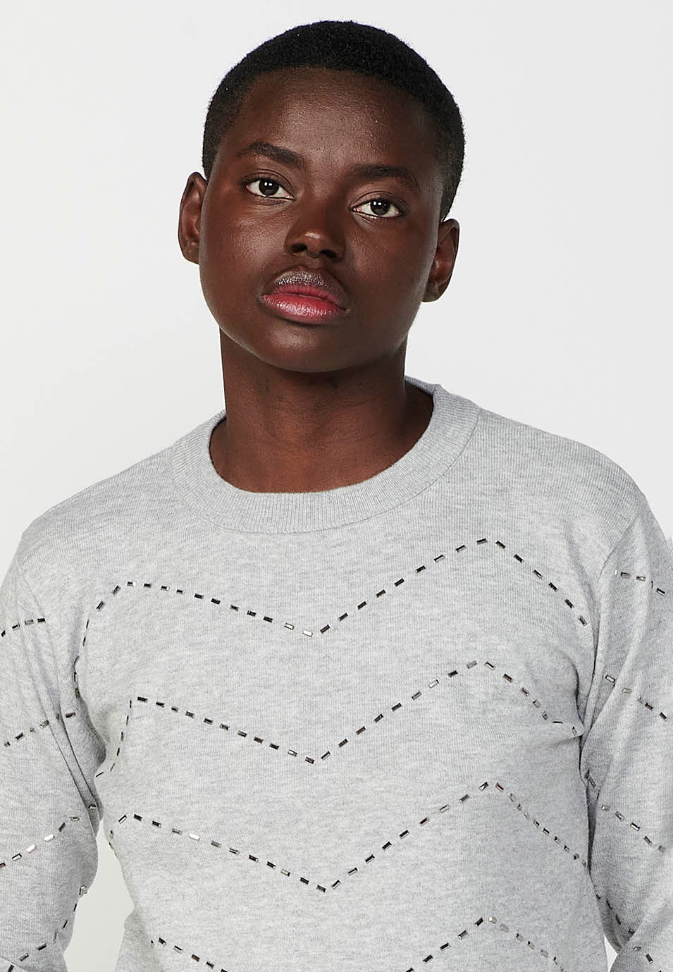 Rundhalspullover mit Zickzack-Glitzerdetail für Damen in Hellgrau