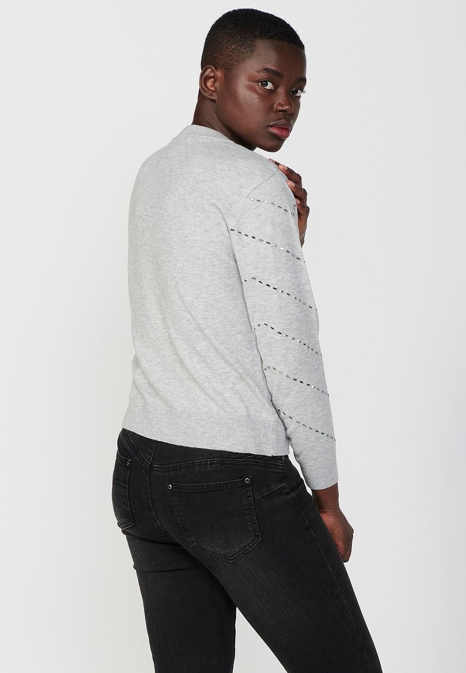 Rundhalspullover mit Zickzack-Glitzerdetail für Damen in Hellgrau