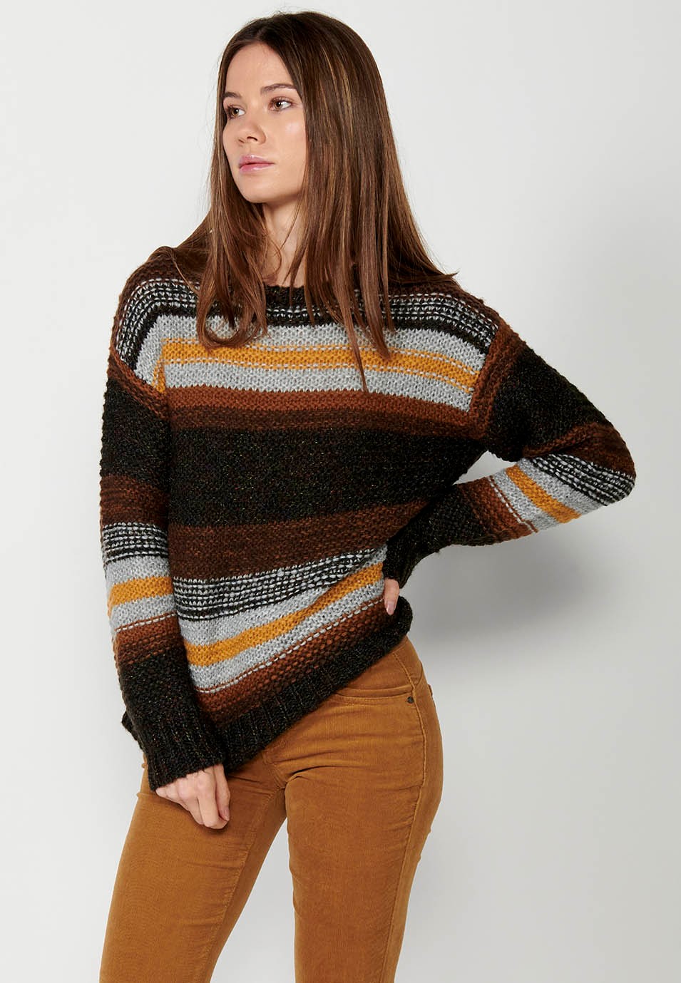 Jersey de manga larga y cuello redondo a rayas para mujer
