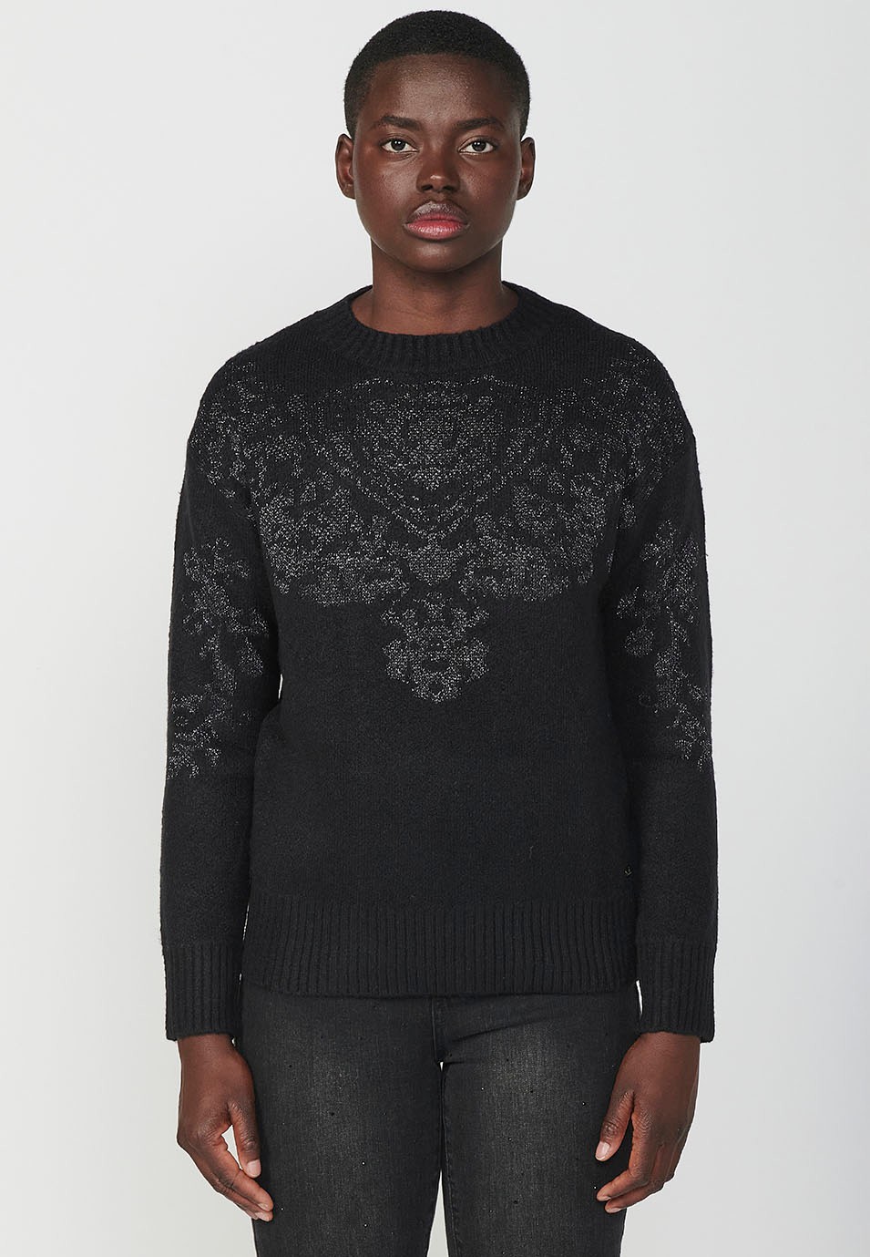 Jersey manga larga con cuello redondo y jacquard con hilo metálico para mujer en color negro
