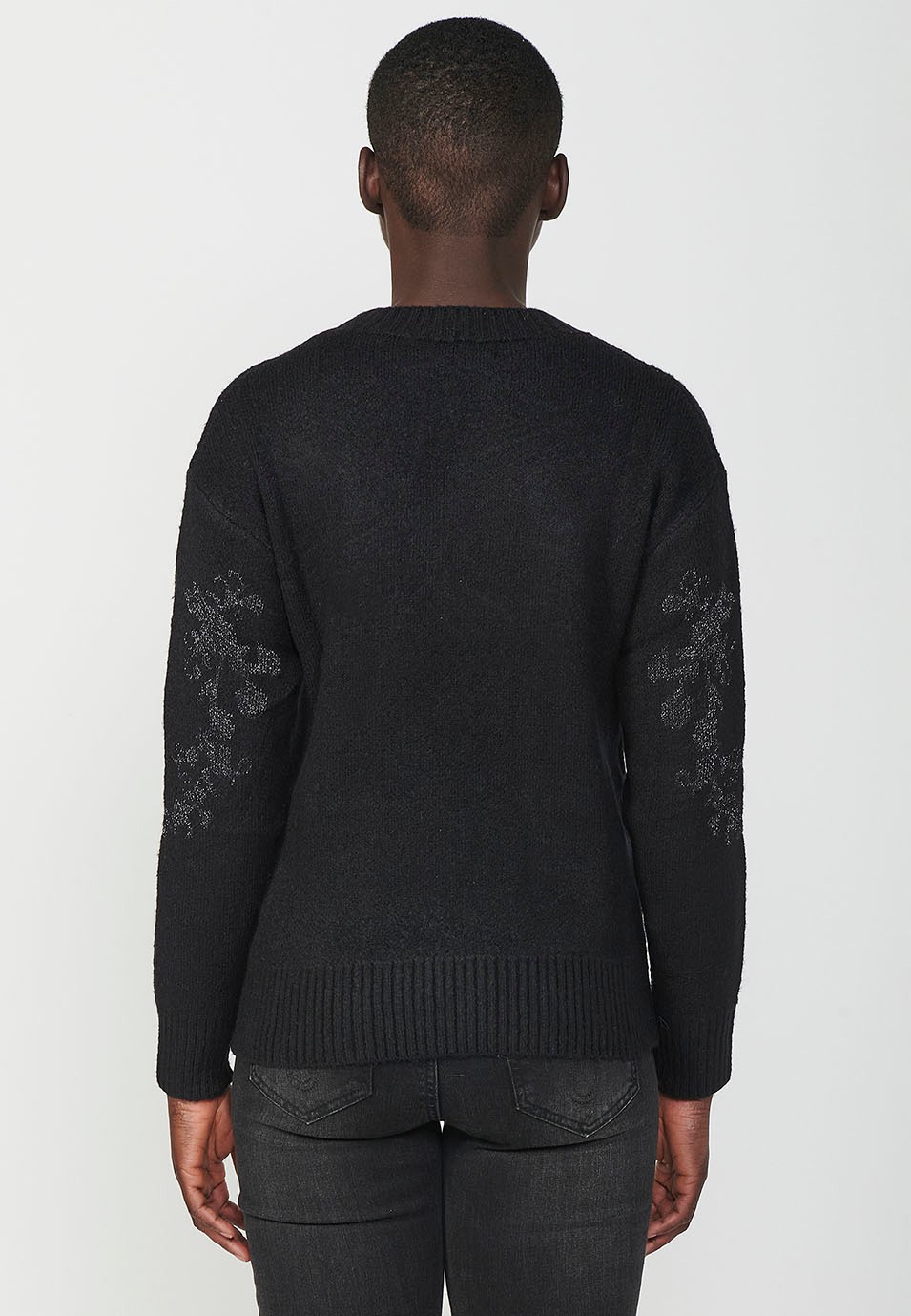 Jersey manga larga con cuello redondo y jacquard con hilo metálico para mujer en color negro