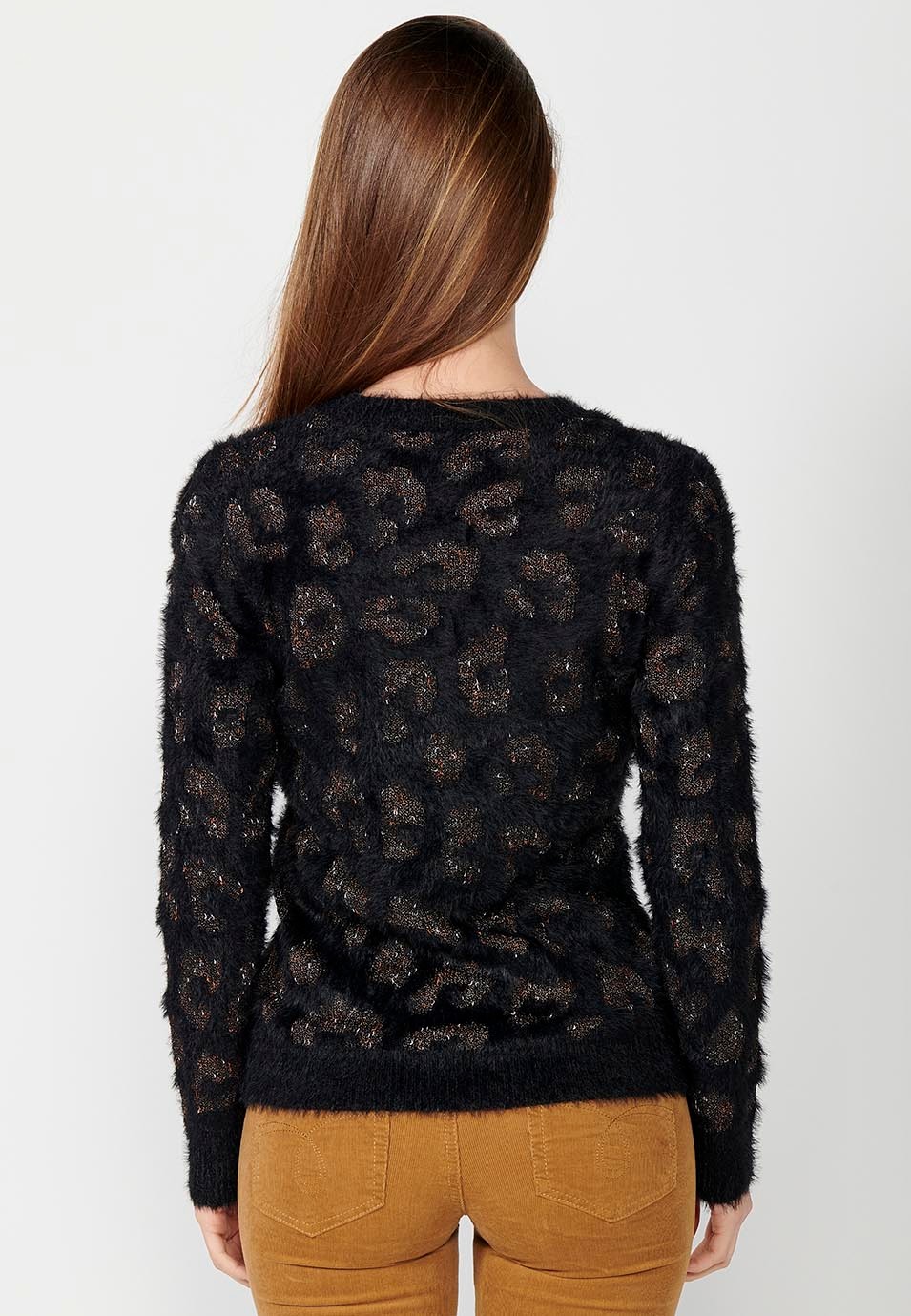 Women's Leopard Jacquard Crew Neck Long Sleeve Jumper in Black