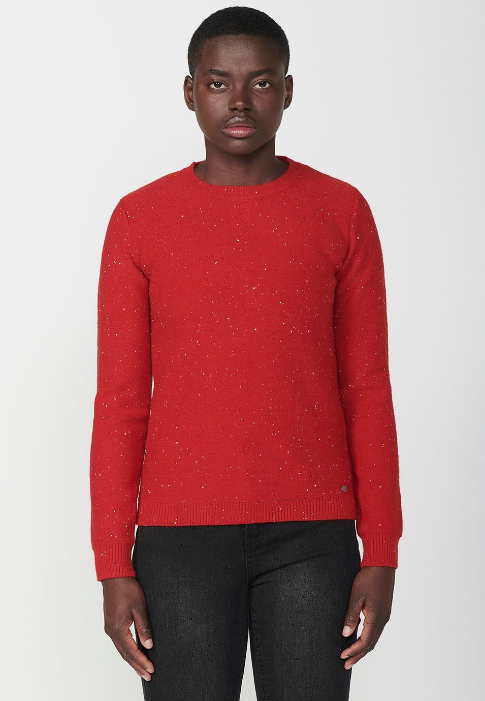 Jersey manga larga y cuello redondo con hilo moteado de purpurina para mujer de color negro
