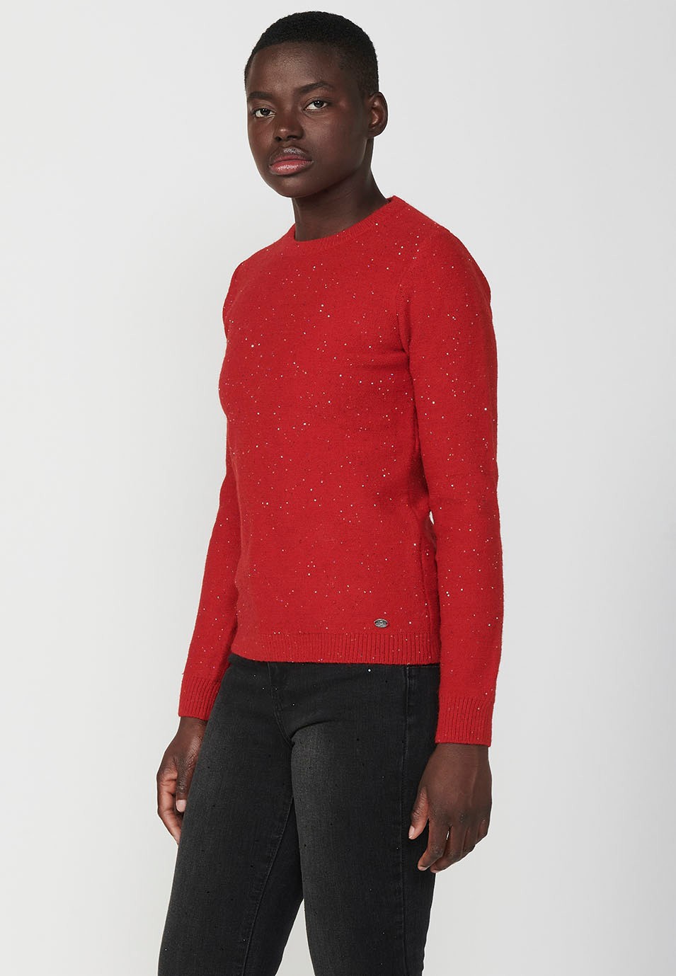 Jersey manga larga y cuello redondo con hilo moteado de purpurina para mujer de color negro