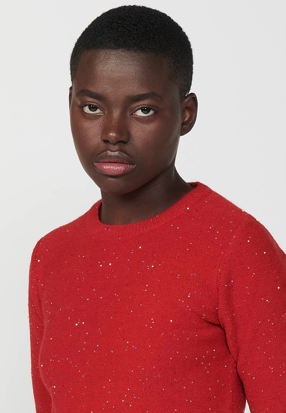 Jersey manga larga y cuello redondo con hilo moteado de purpurina para mujer de color negro