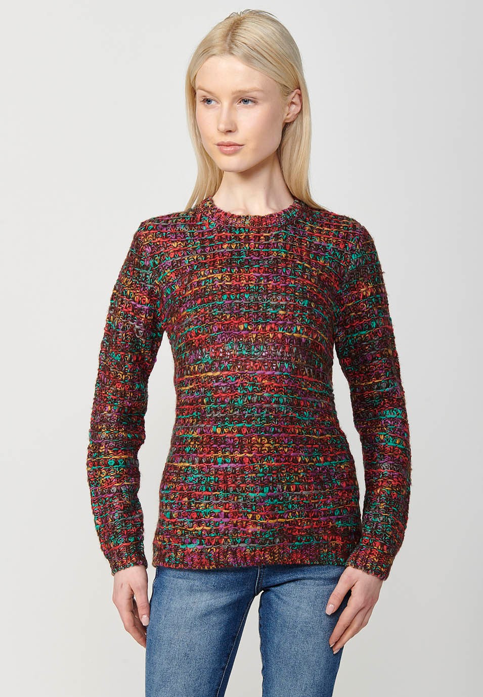 Pull col rond femme marron en tricot chiné