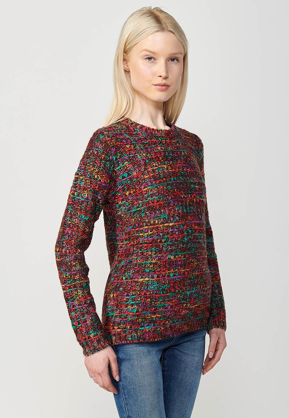 Pull col rond femme marron en tricot chiné