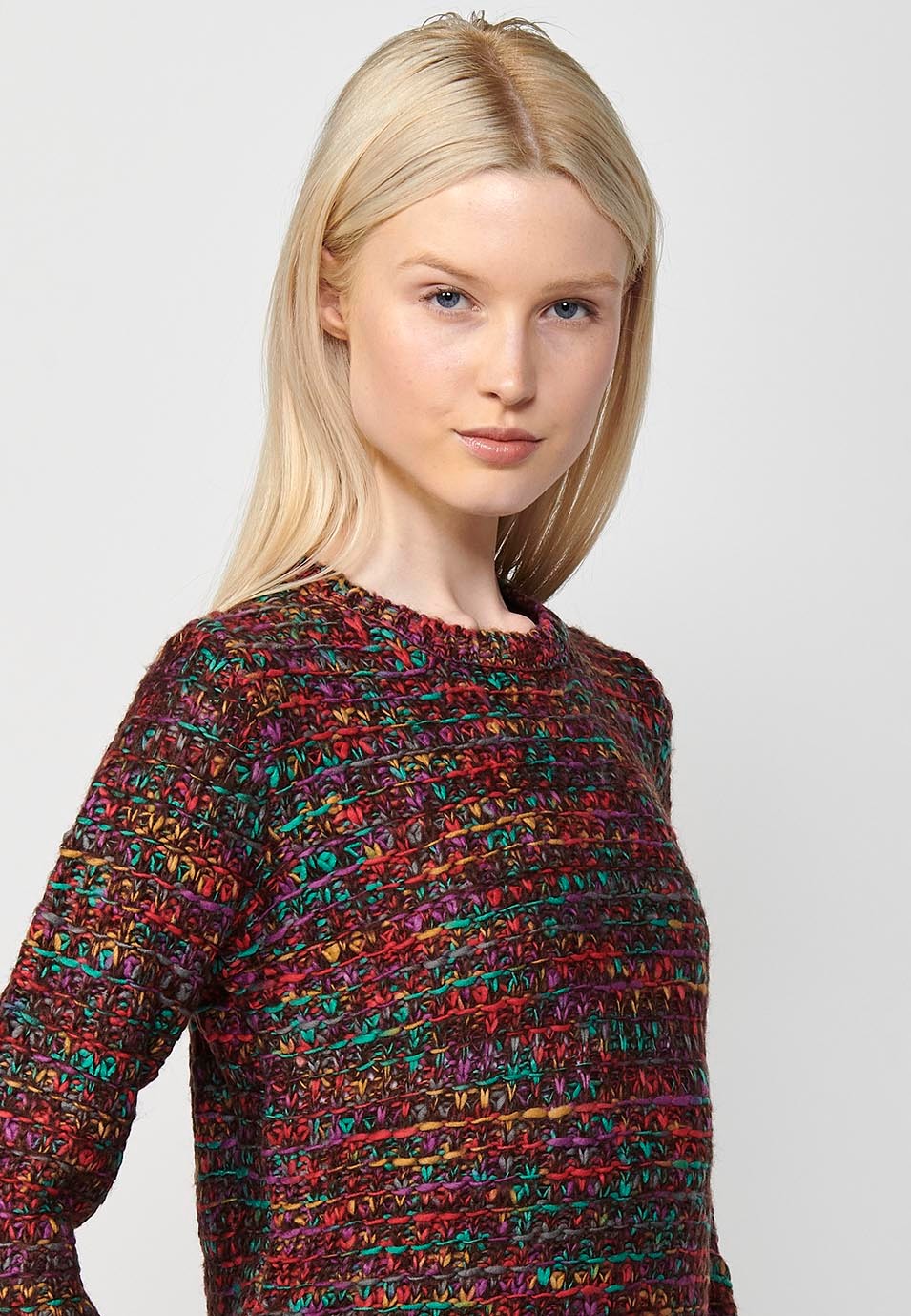 Pull col rond femme marron en tricot chiné