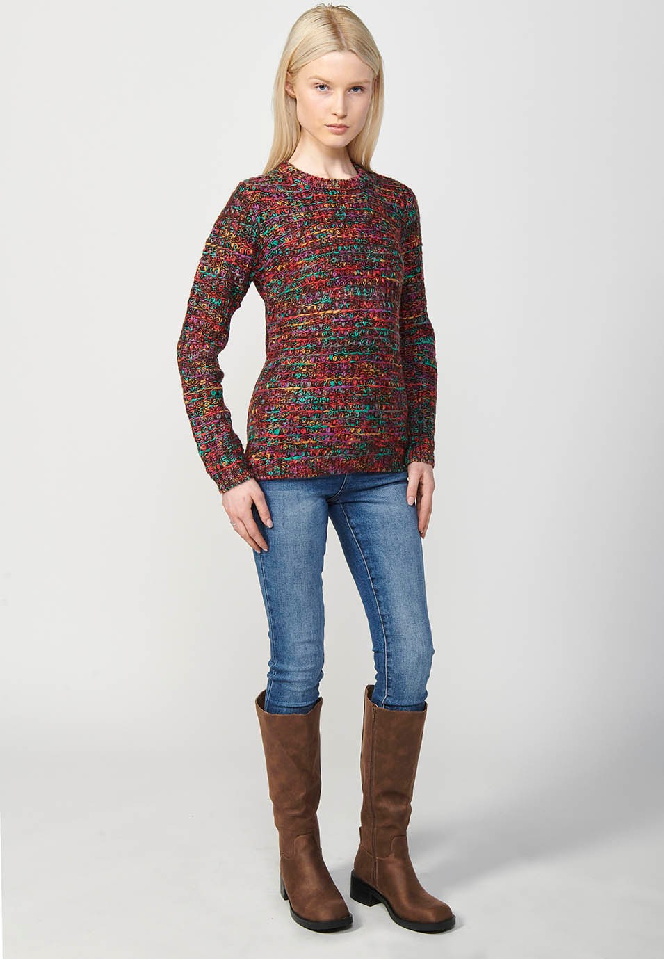 Pull col rond femme marron en tricot chiné