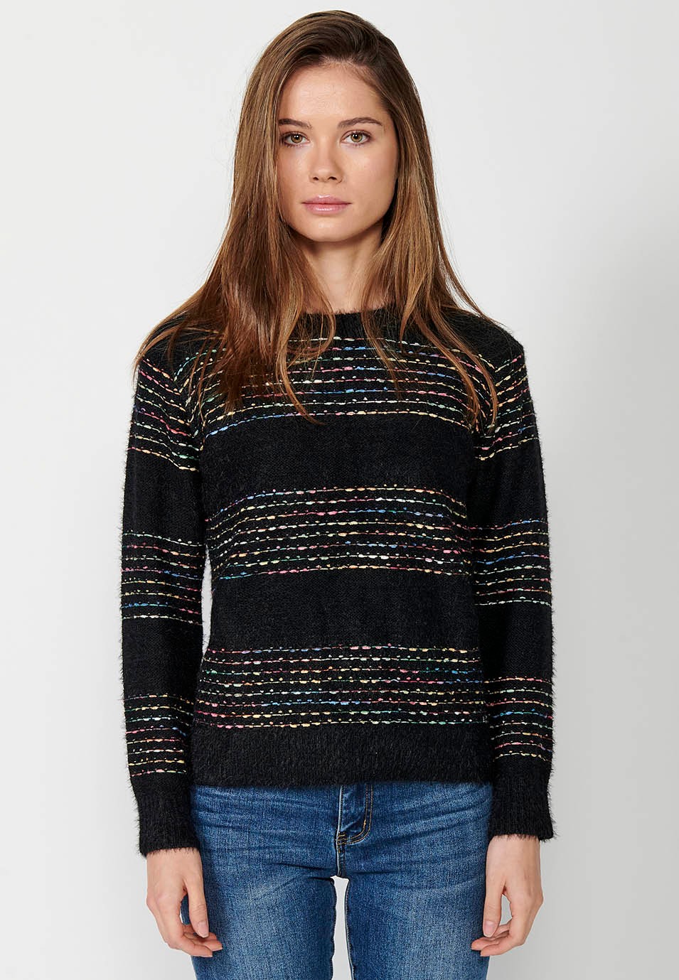 Langärmliger Pullover mit Rundhalsausschnitt, einfarbigen breiten Streifen und mehrfarbigen Streifen in Schwarz für Damen