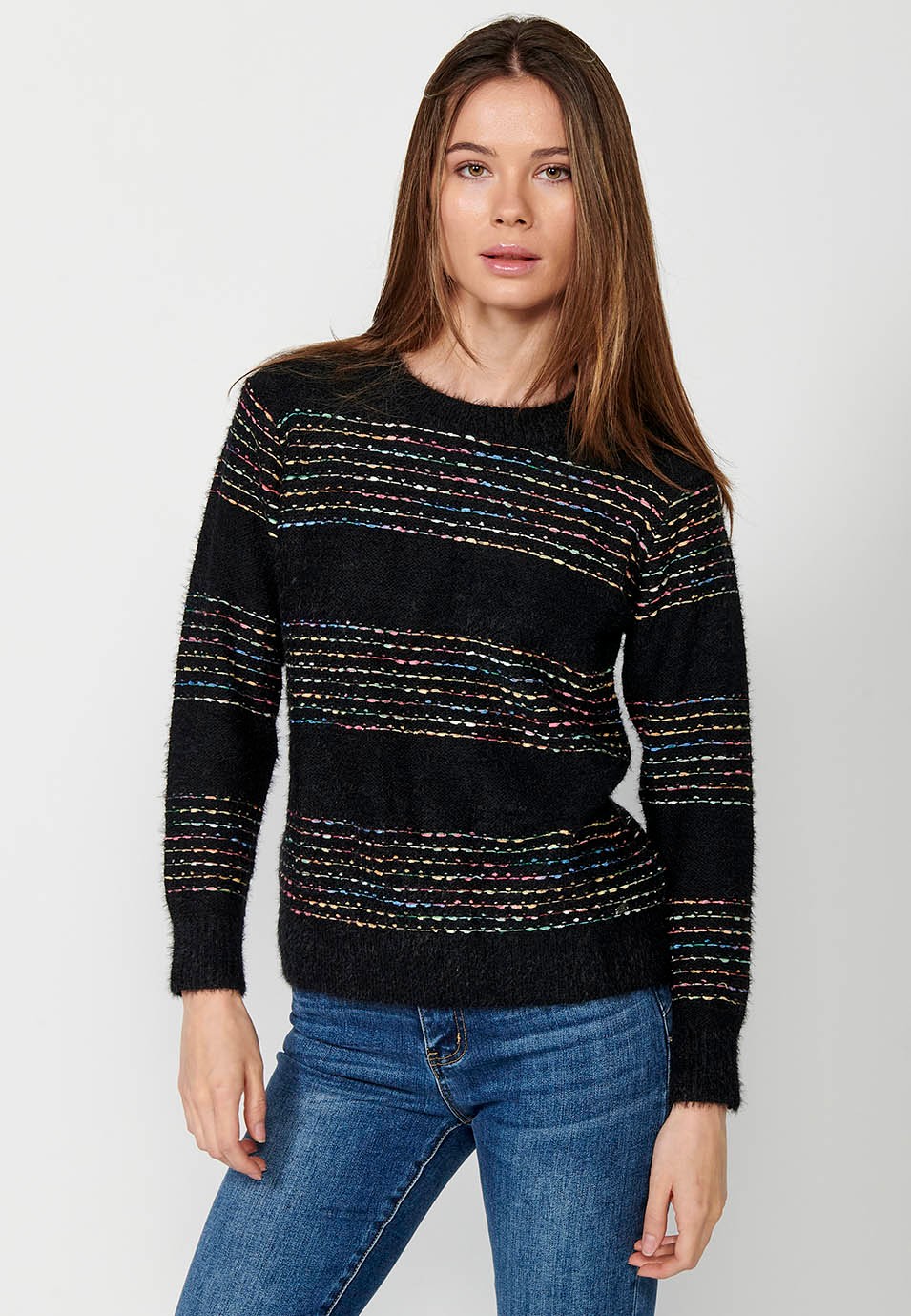 Langärmliger Pullover mit Rundhalsausschnitt, einfarbigen breiten Streifen und mehrfarbigen Streifen in Schwarz für Damen