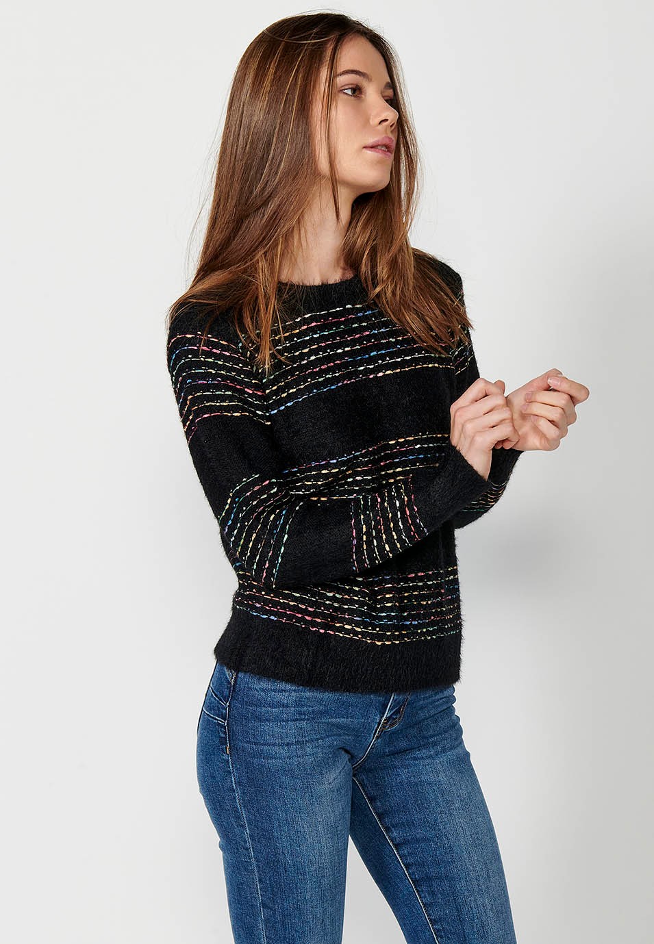 Langärmliger Pullover mit Rundhalsausschnitt, einfarbigen breiten Streifen und mehrfarbigen Streifen in Schwarz für Damen