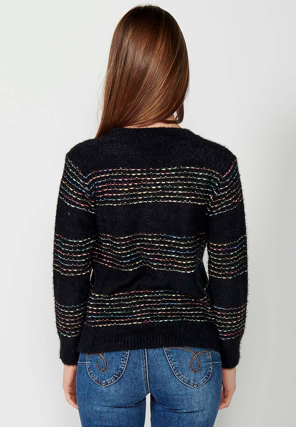 Langärmliger Pullover mit Rundhalsausschnitt, einfarbigen breiten Streifen und mehrfarbigen Streifen in Schwarz für Damen