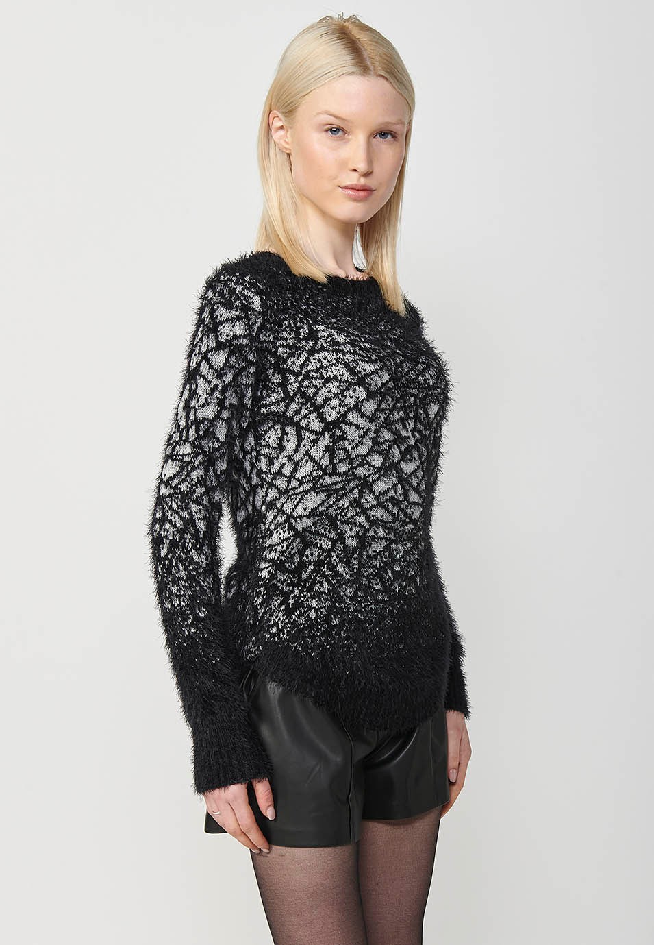 Pull col rond manches longues avec jacquard dégradé pour femme en noir