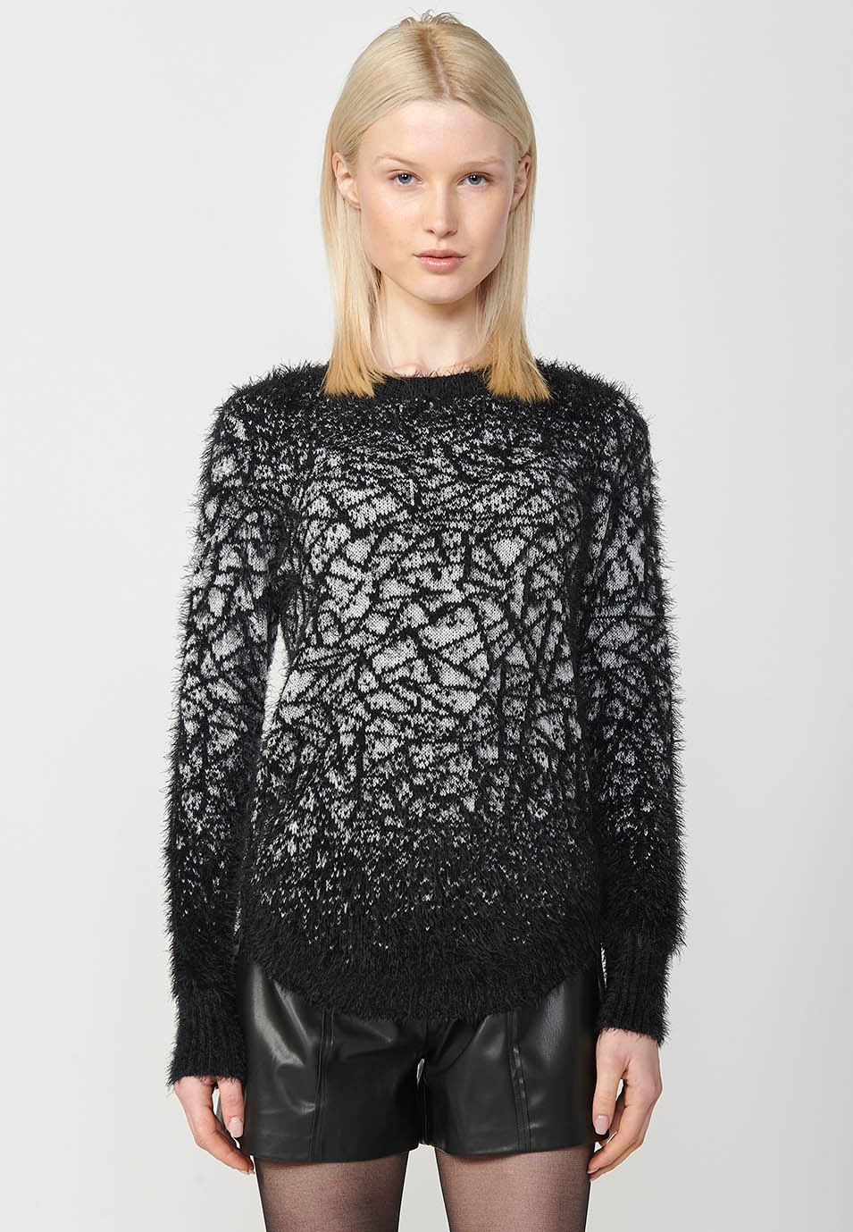 Pull col rond manches longues avec jacquard dégradé pour femme en noir