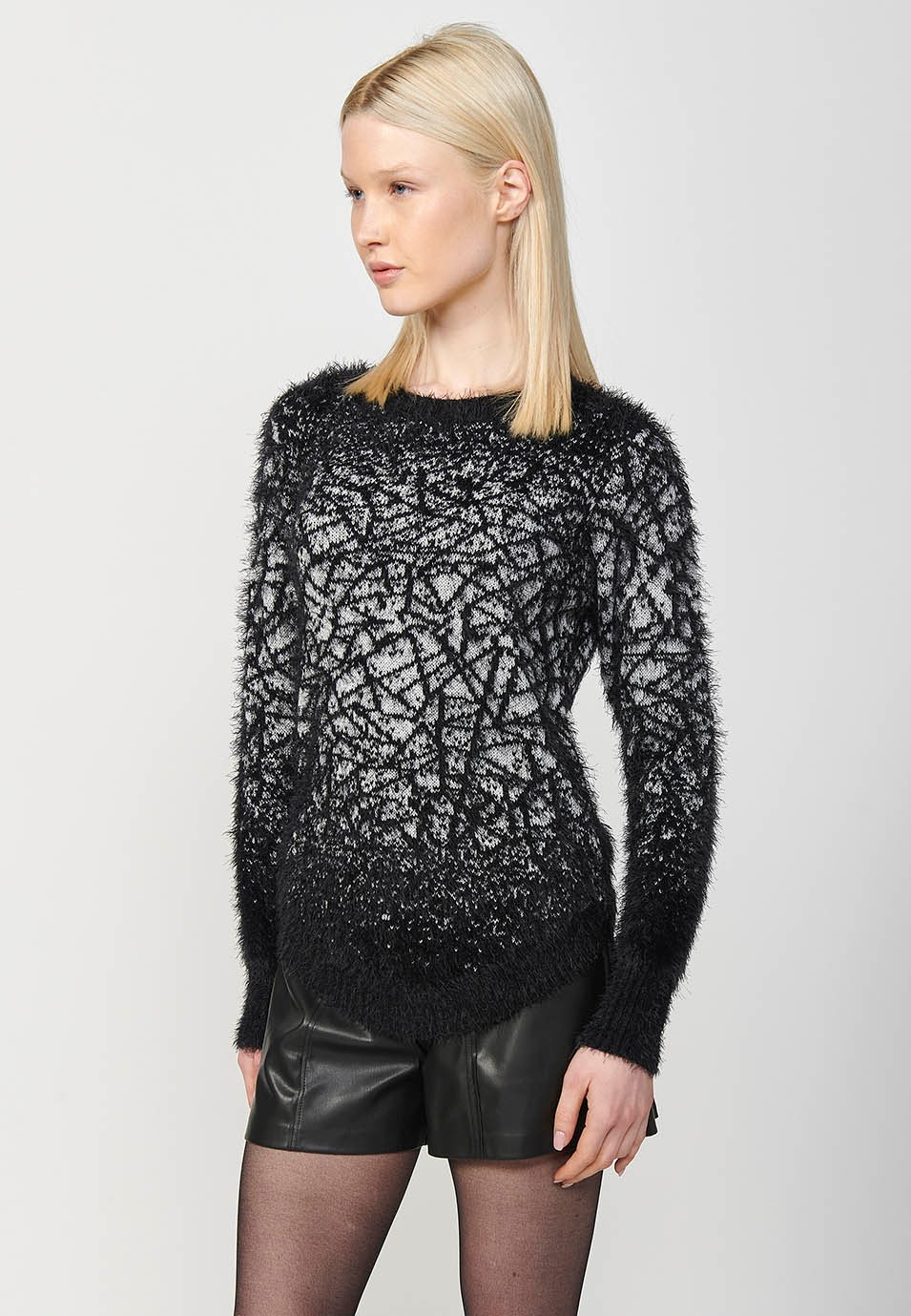 Pull col rond manches longues avec jacquard dégradé pour femme en noir
