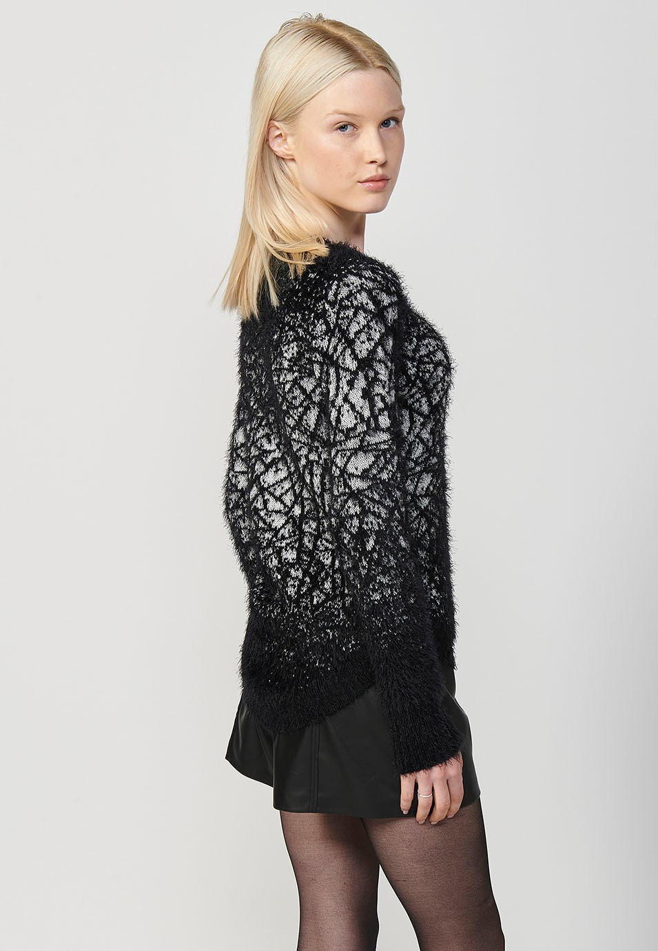 Pull col rond manches longues avec jacquard dégradé pour femme en noir