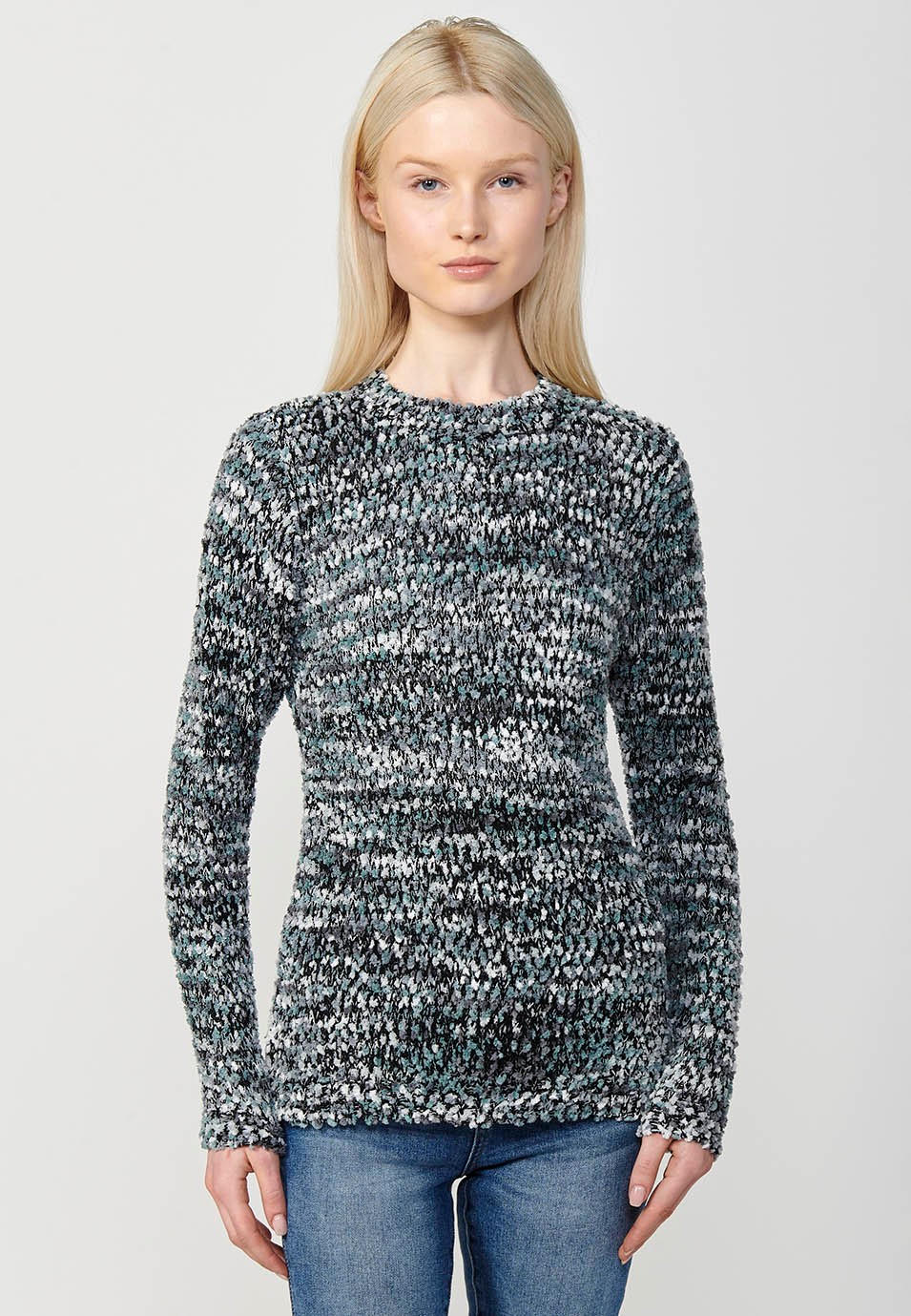 Jersey manga larga y cuello redondo con hilo moteado para mujer