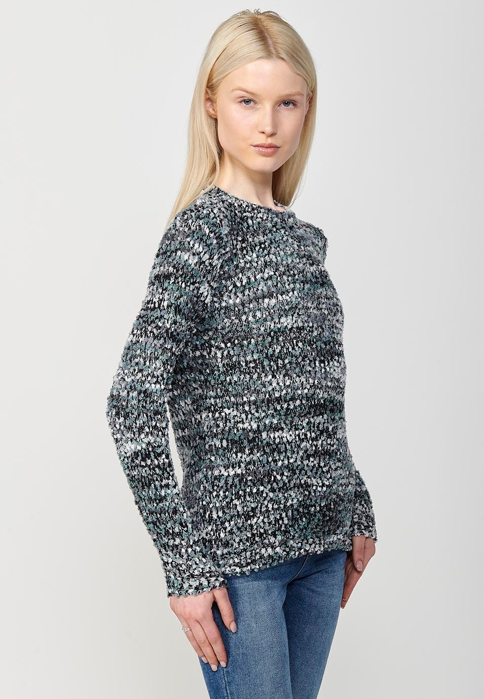 Jersey manga larga y cuello redondo con hilo moteado para mujer