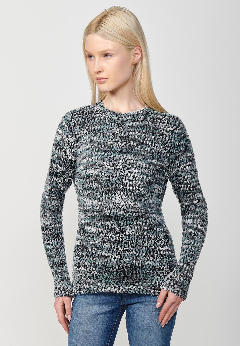 Jersey manga larga y cuello redondo con hilo moteado para mujer