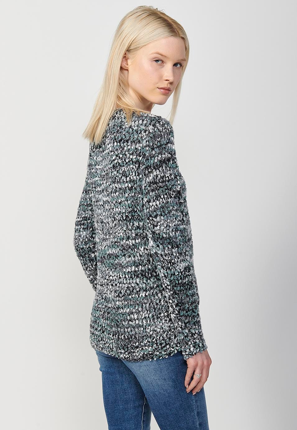 Jersey manga larga y cuello redondo con hilo moteado para mujer
