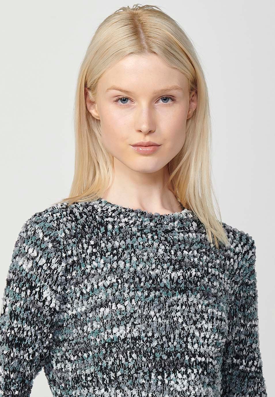 Jersey manga larga y cuello redondo con hilo moteado para mujer