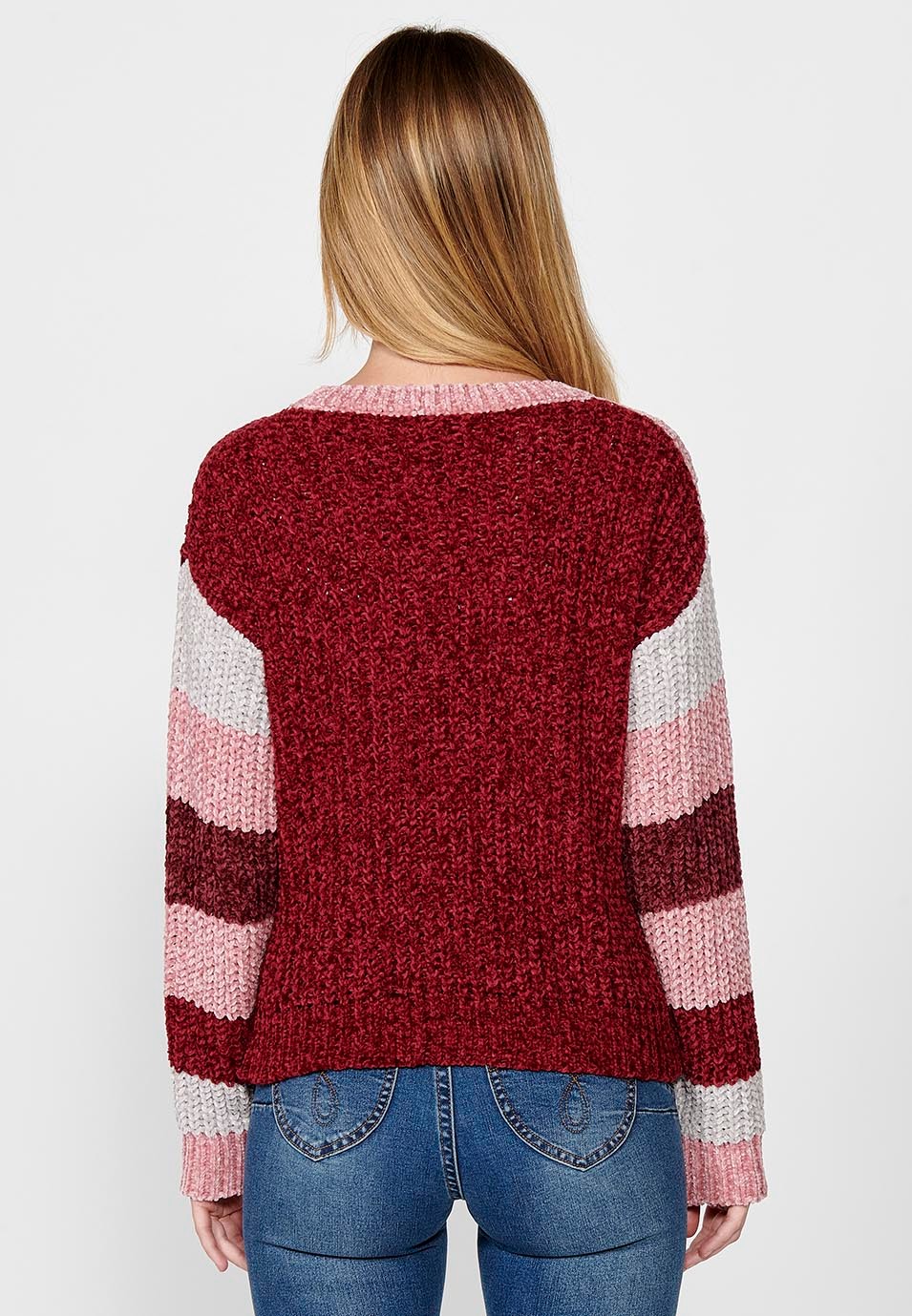 Pull à patch intarsia à manches longues et col rond de différentes couleurs pour femme