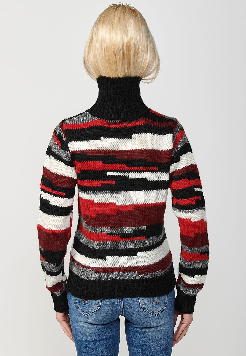 Jersei tricot de figures geomètriques i coll alt amb volta per a dona de color vermell