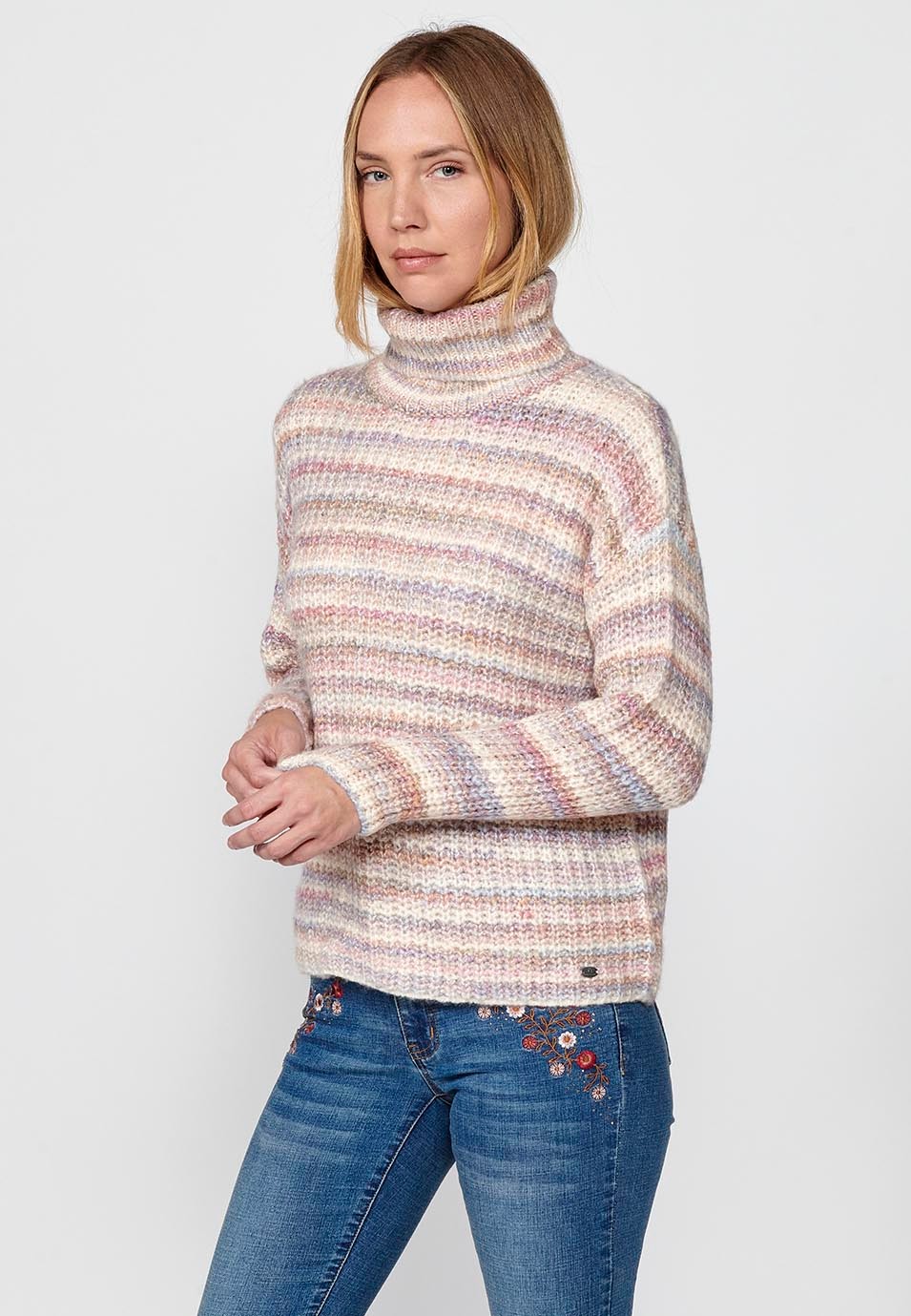Women's Long Sleeve Turtleneck Sweater Multicoloured Striped Ribbed Knit