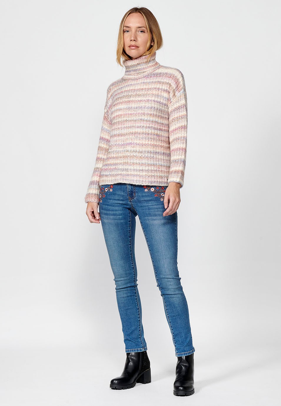 Women's Long Sleeve Turtleneck Sweater Multicoloured Striped Ribbed Knit