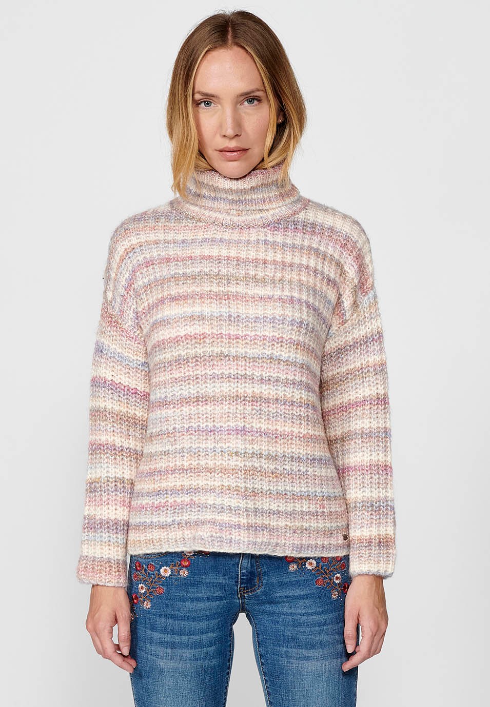 Women's Long Sleeve Turtleneck Sweater Multicoloured Striped Ribbed Knit