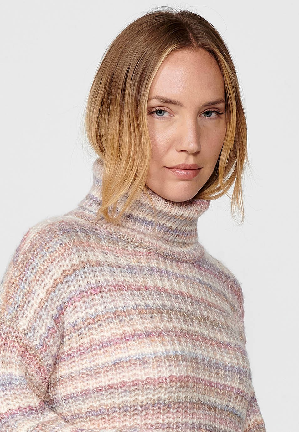 Women's Long Sleeve Turtleneck Sweater Multicoloured Striped Ribbed Knit