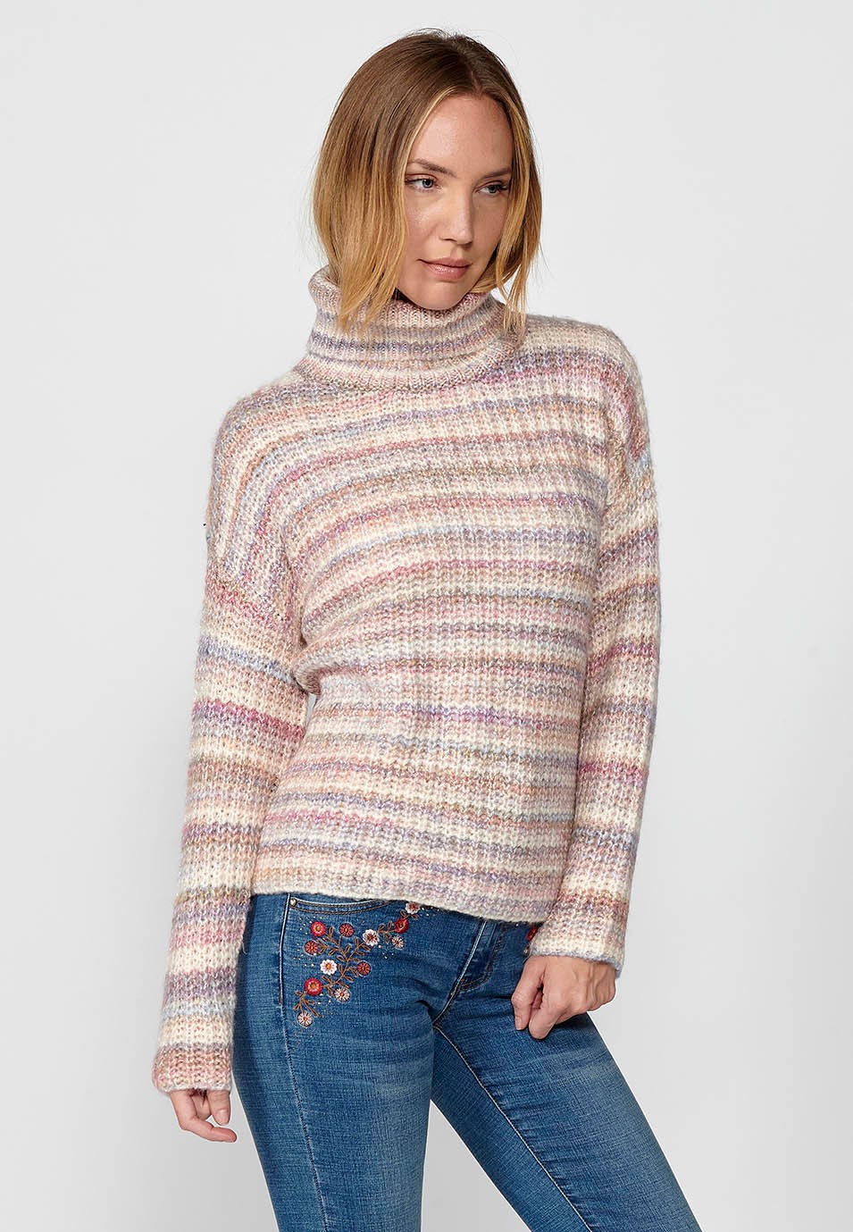 Women's Long Sleeve Turtleneck Sweater Multicoloured Striped Ribbed Knit