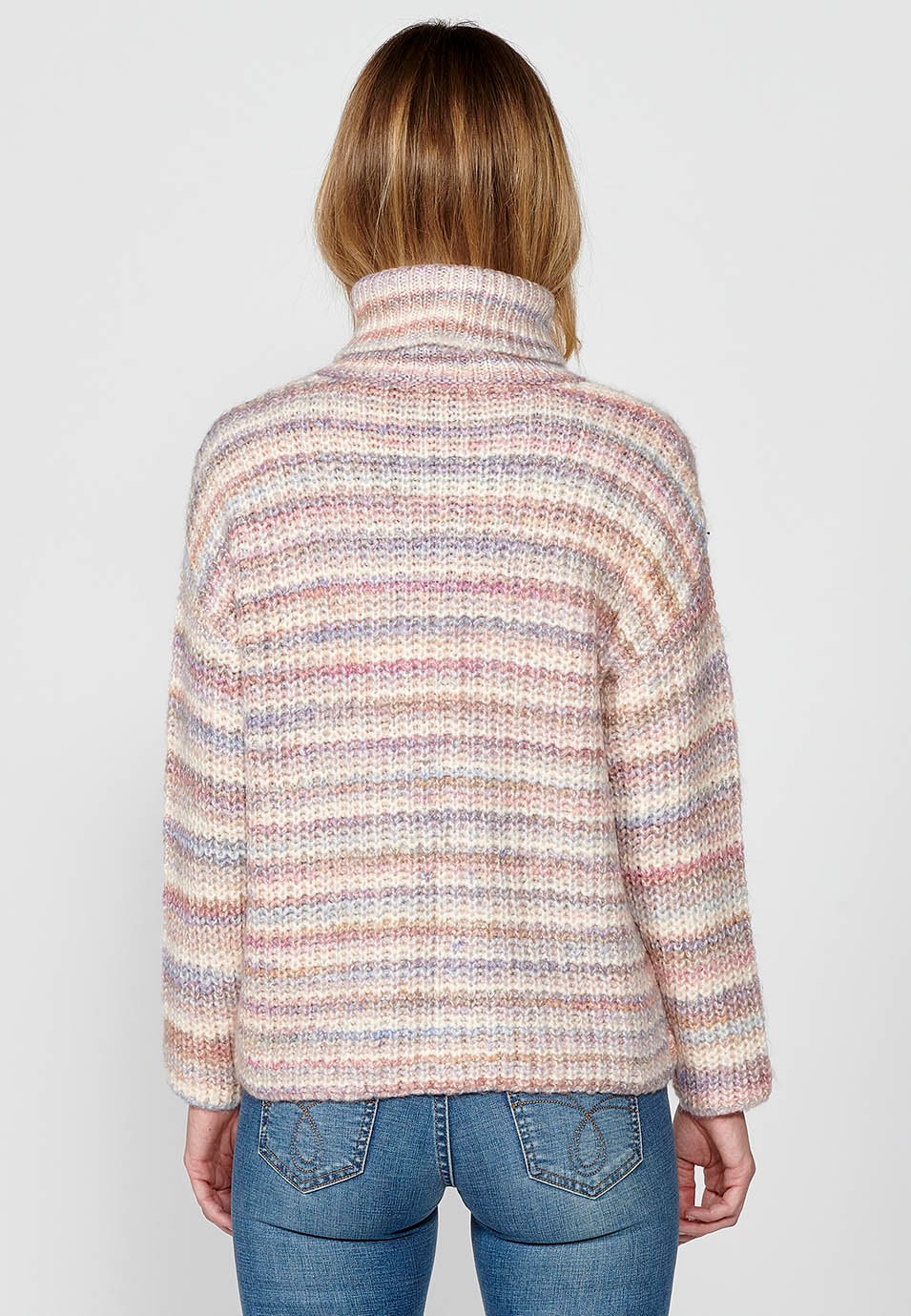 Women's Long Sleeve Turtleneck Sweater Multicoloured Striped Ribbed Knit