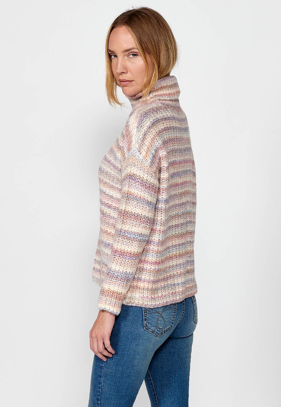 Women's Long Sleeve Turtleneck Sweater Multicoloured Striped Ribbed Knit