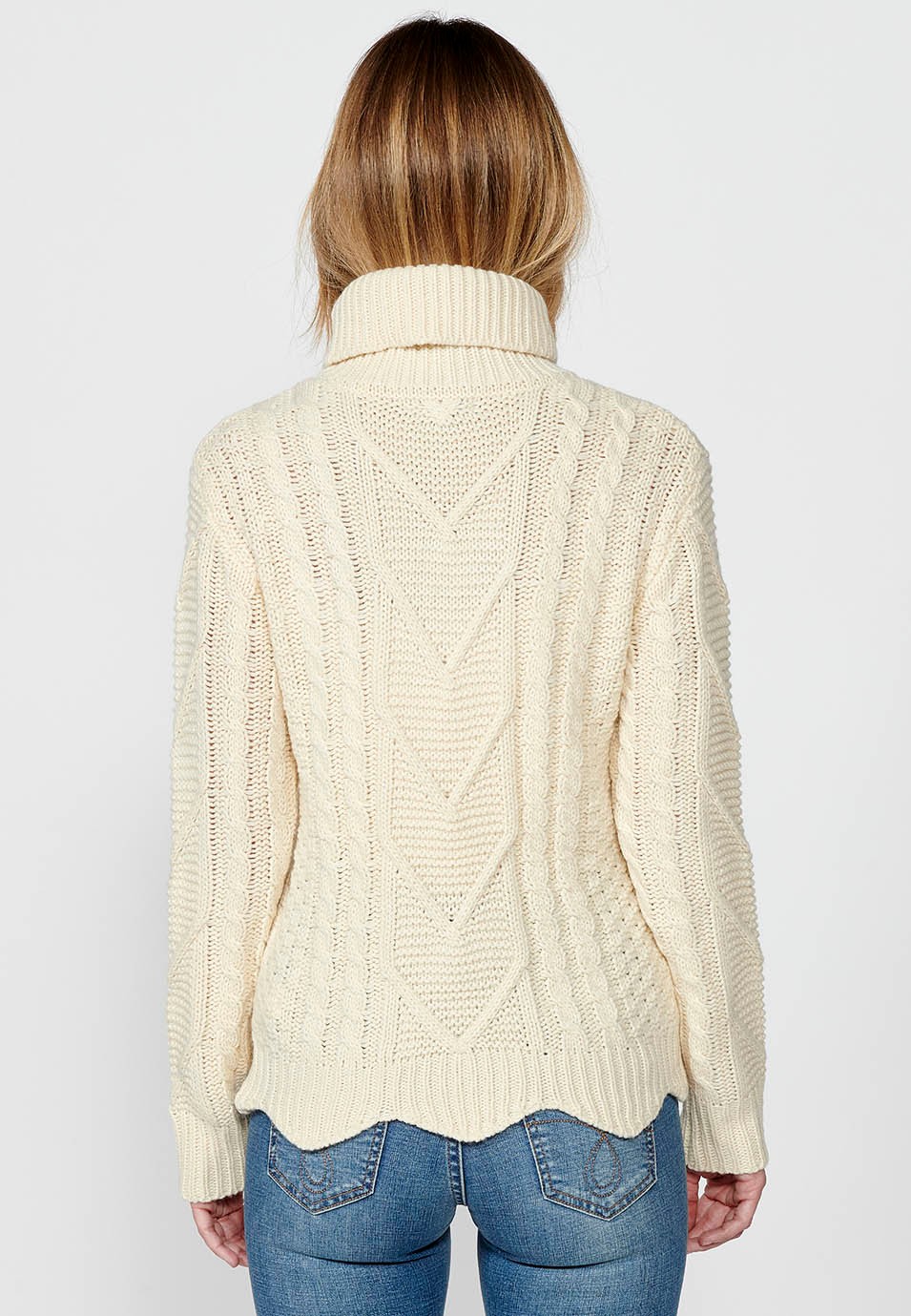 Langärmliger gestrickter und gerippter Jacquard-Pullover mit gewelltem Saum für Damen in der Farbe Ecru
