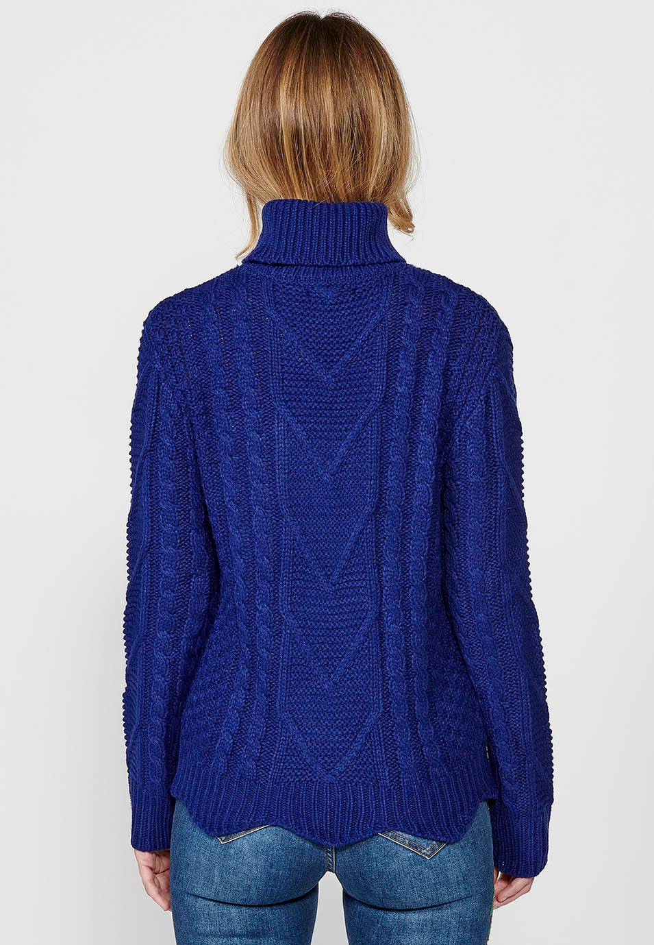 Blauer langärmliger gestrickter und gerippter Jacquard-Pullover mit gewelltem Saum für Damen