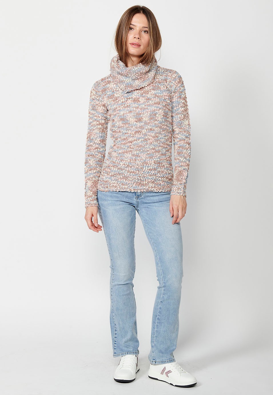 Pull gris manches longues avec fil moucheté multicolore pour femme