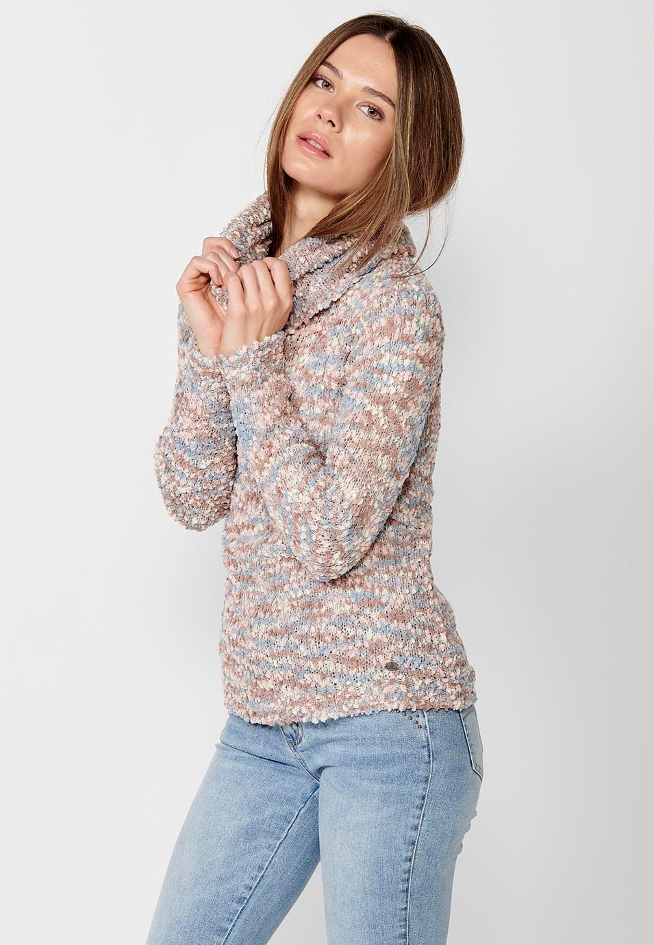 Pull gris manches longues avec fil moucheté multicolore pour femme