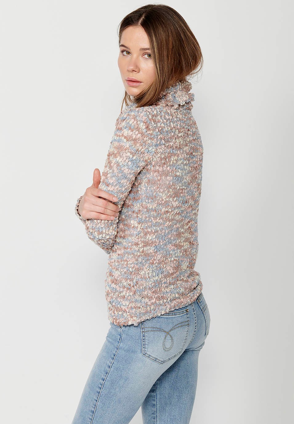 Pull gris manches longues avec fil moucheté multicolore pour femme