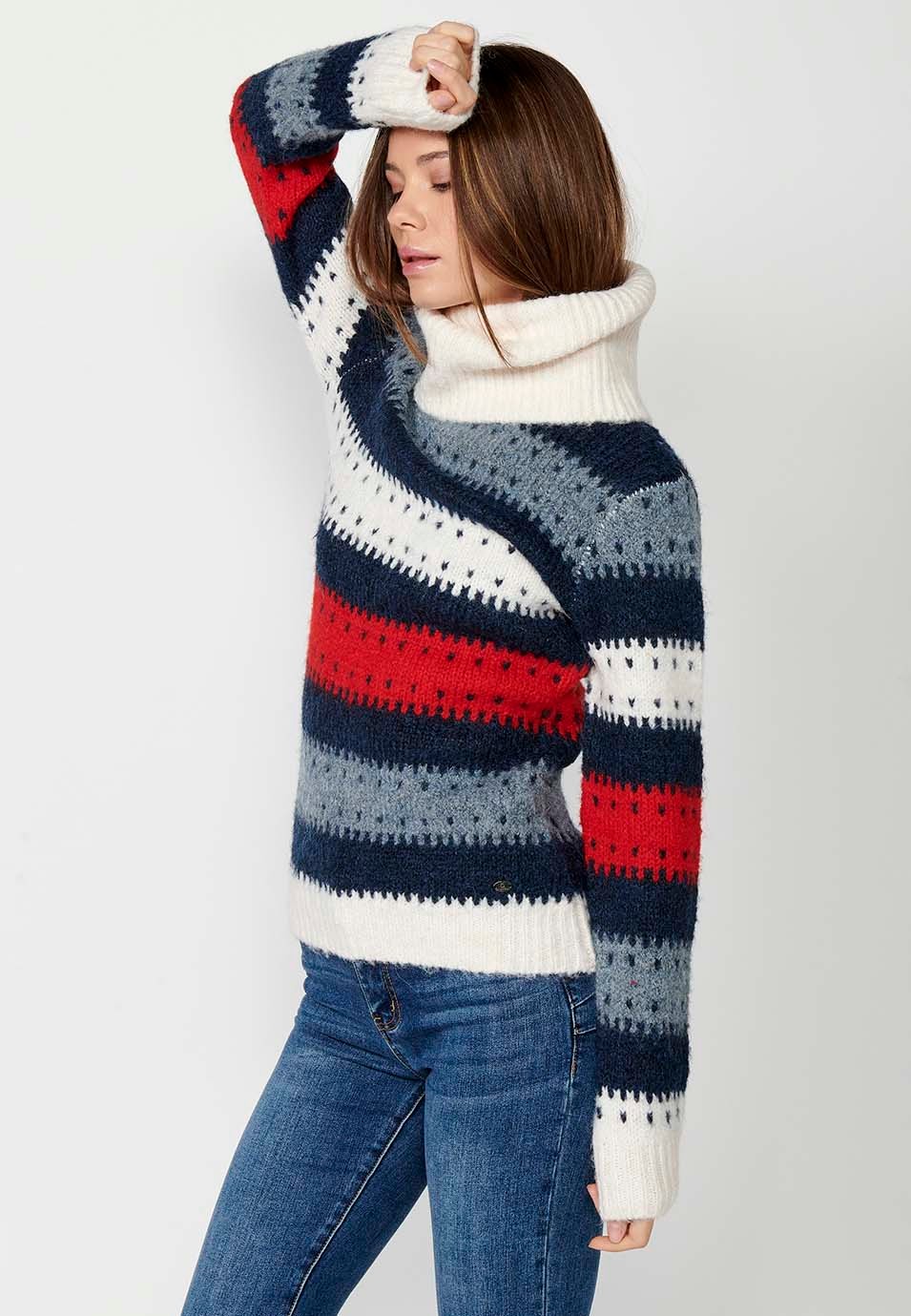 Jersey manga larga cuello vuelto, color listado cuatricolor color Navy para Mujer