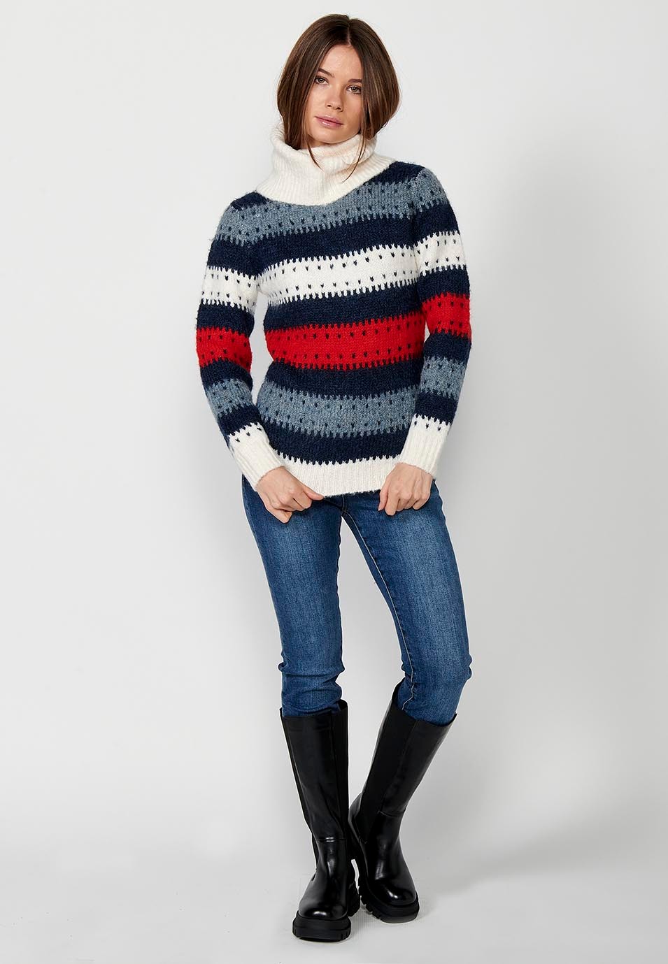 Jersey manga larga cuello vuelto, color listado cuatricolor color Navy para Mujer