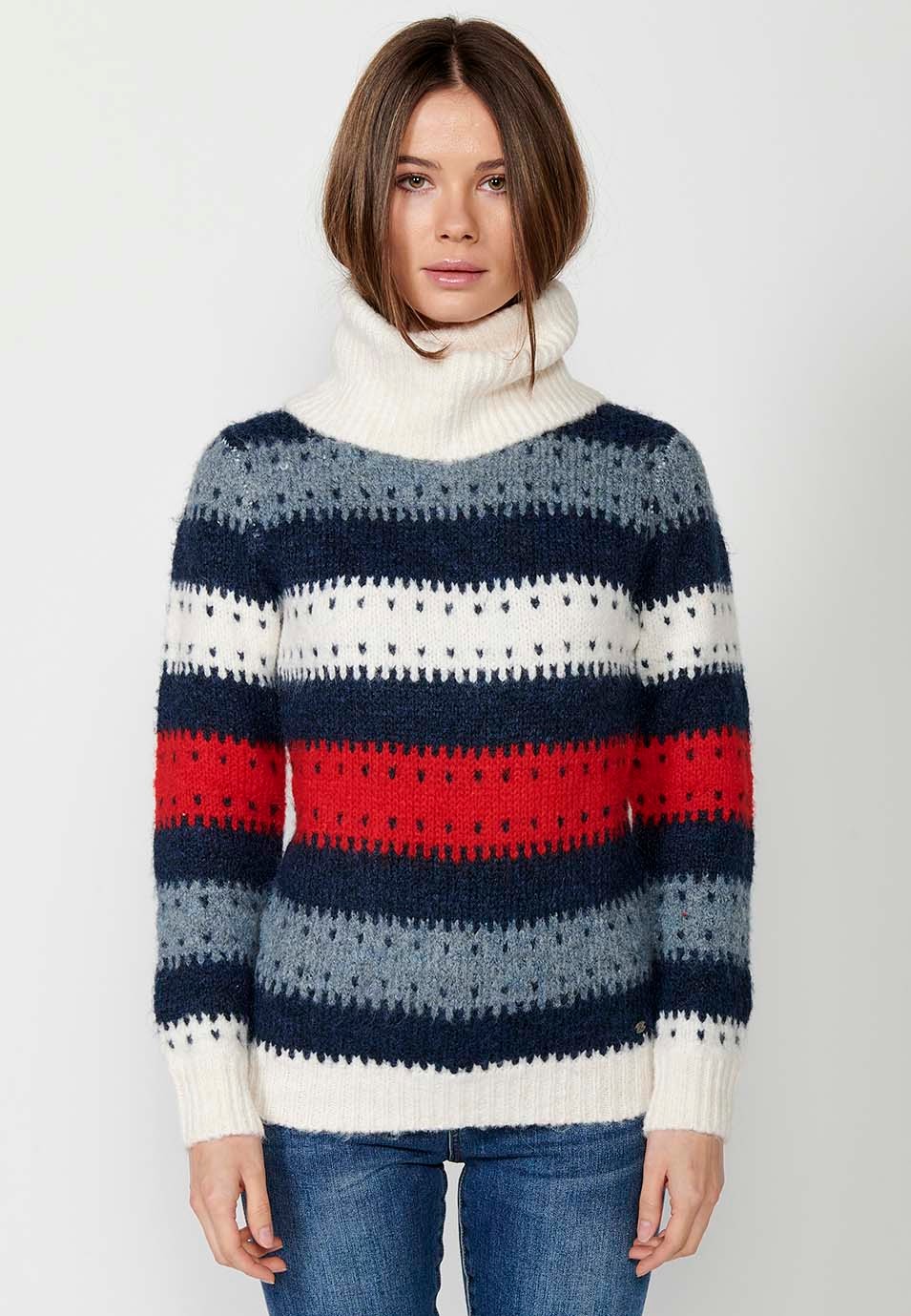Jersey manga larga cuello vuelto, color listado cuatricolor color Navy para Mujer