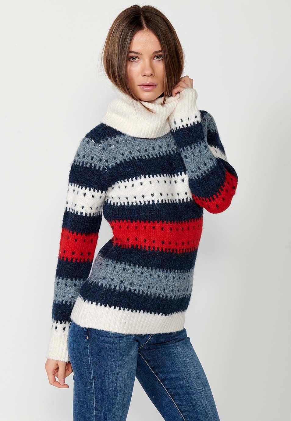 Jersey manga larga cuello vuelto, color listado cuatricolor color Navy para Mujer