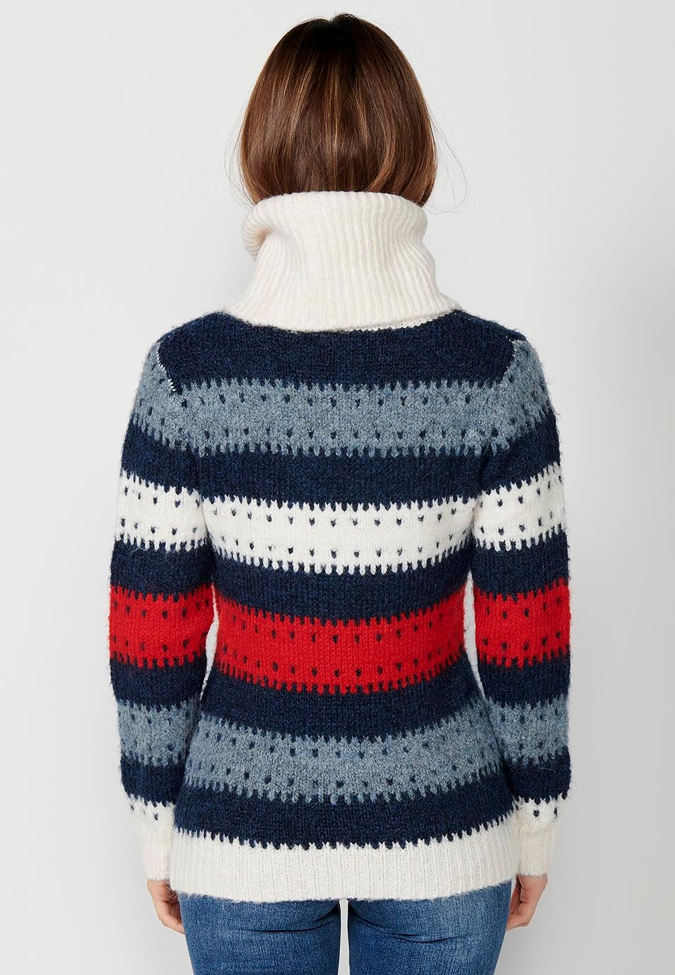 Jersey manga larga cuello vuelto, color listado cuatricolor color Navy para Mujer