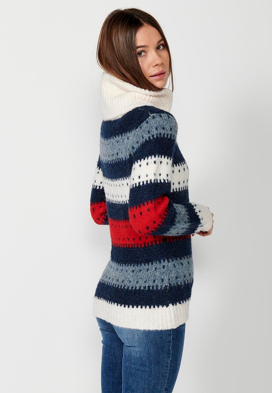 Jersey manga larga cuello vuelto, color listado cuatricolor color Navy para Mujer