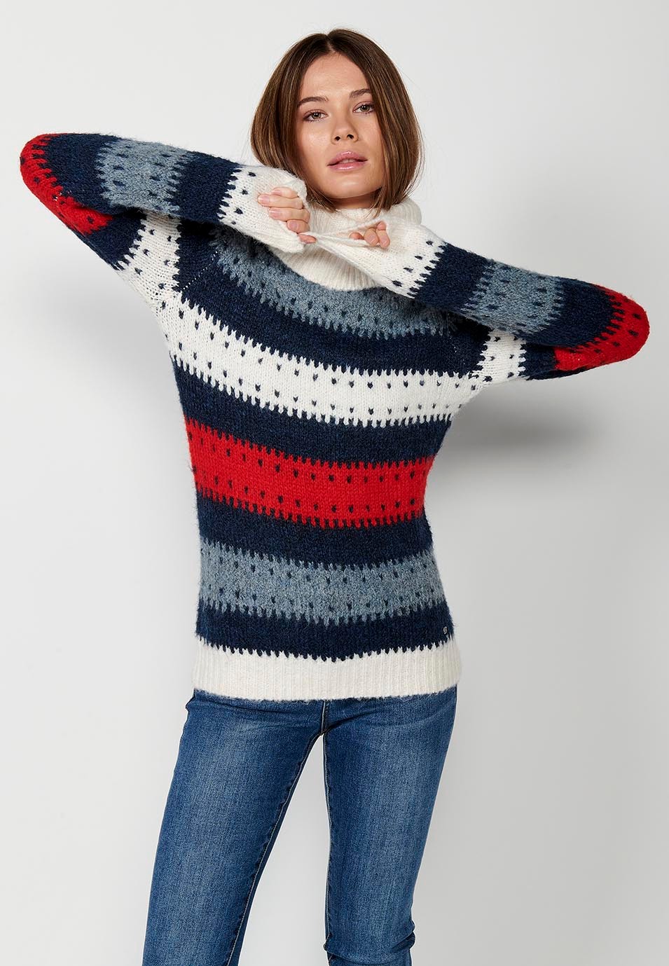 Jersey manga larga cuello vuelto, color listado cuatricolor color Navy para Mujer