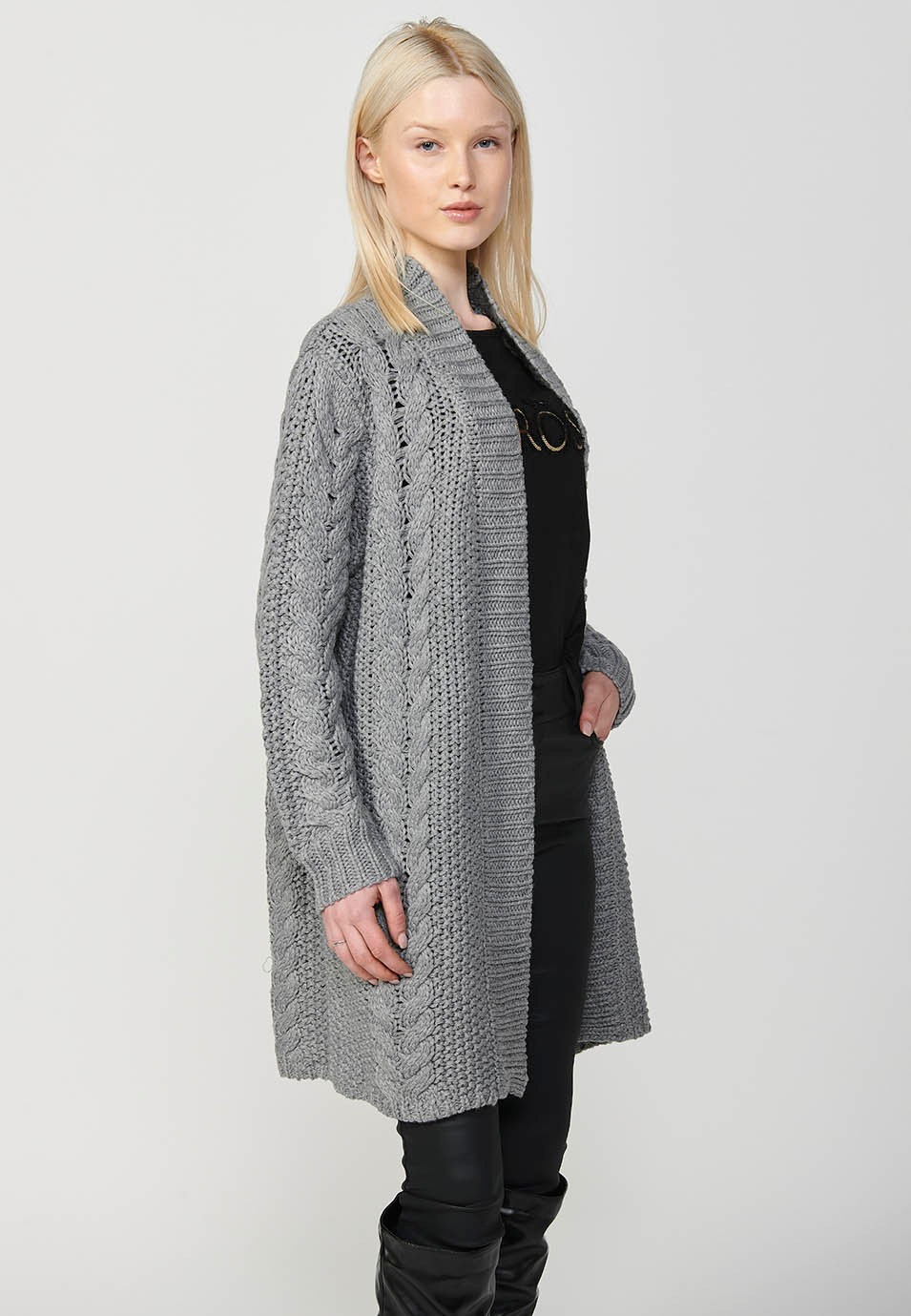 Graue Trikotjacke mit Fransen und Öffnung vorne für Damen