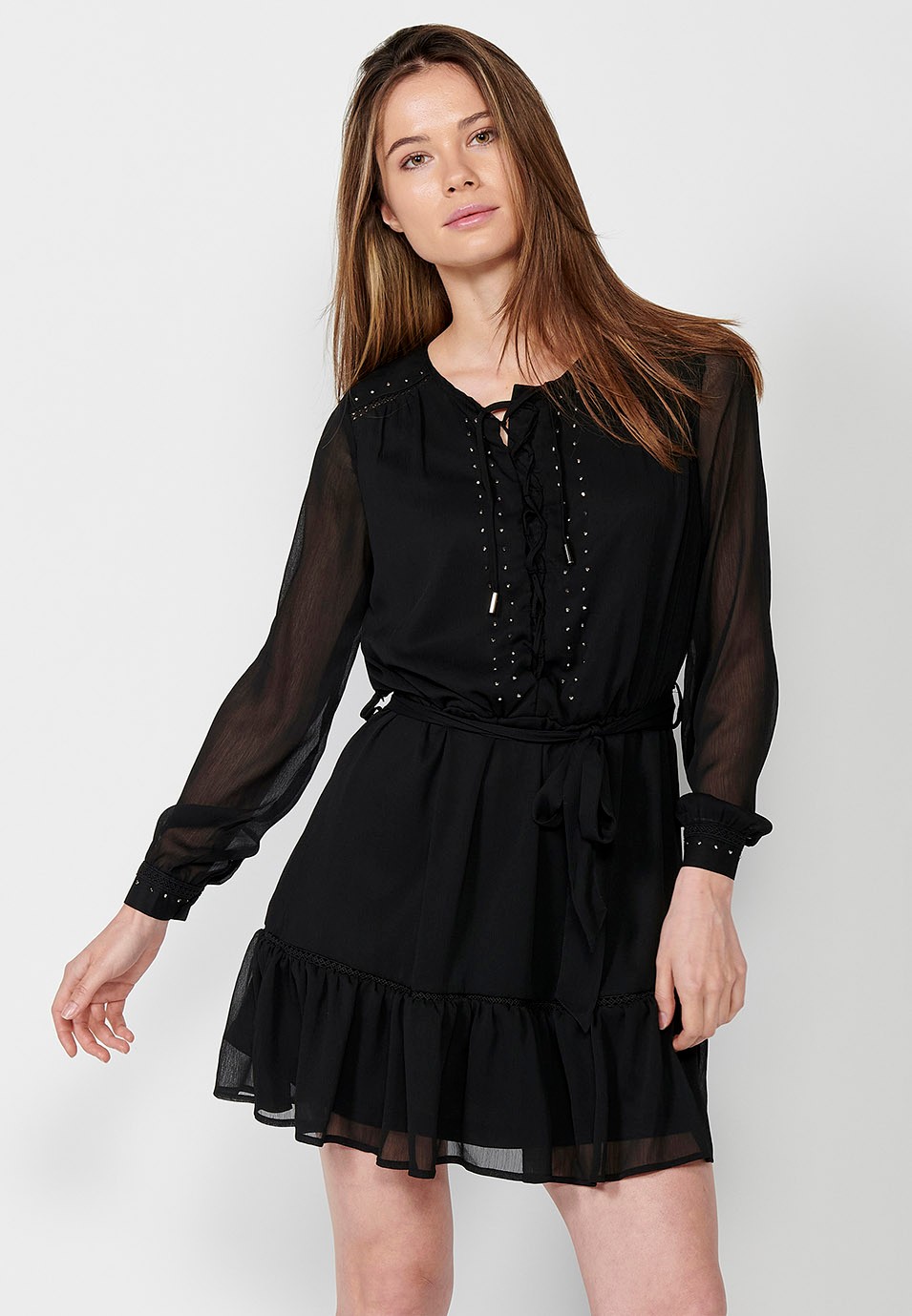 Vestido corto negro de manga larga con Cordones en el escote y detalles brillantes y entredoses para Mujer