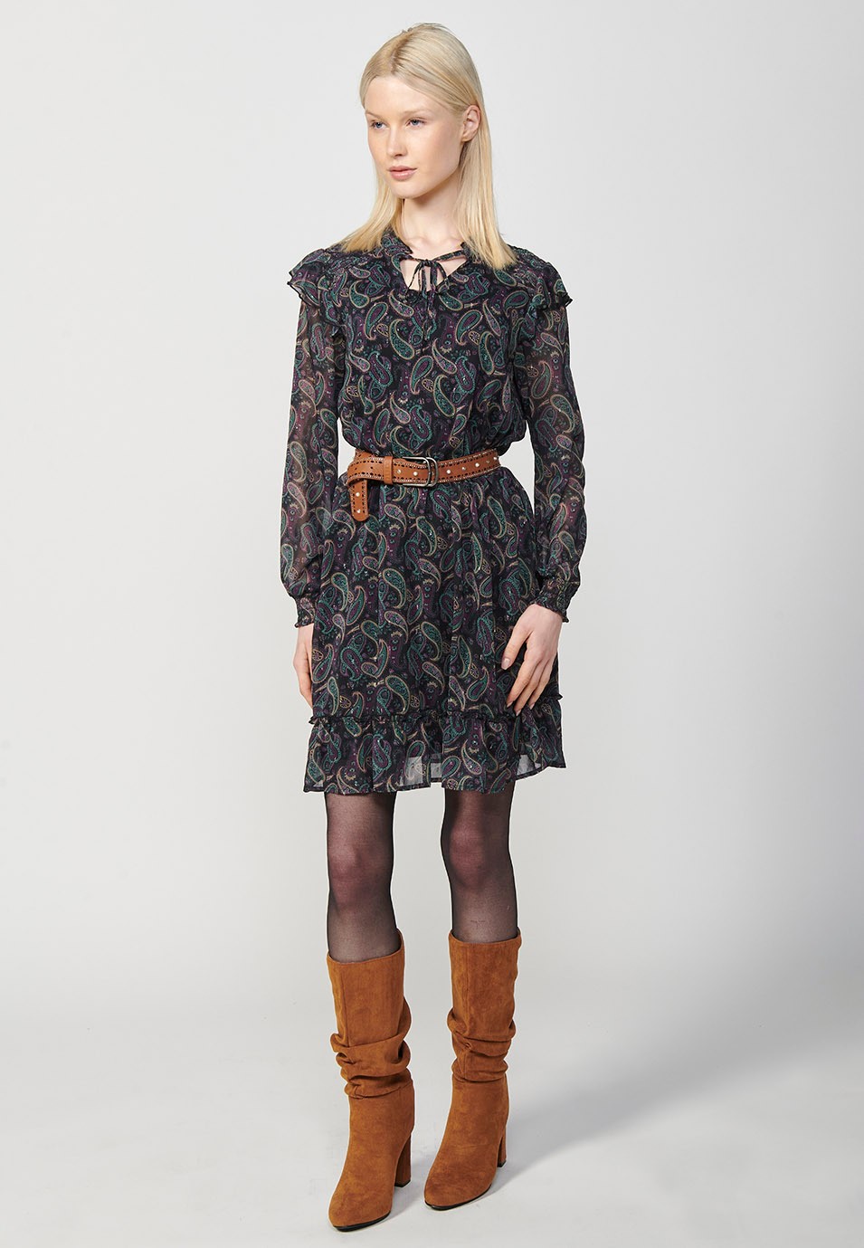 Vestido corto de manga larga con Cuello mao fruncido y Detalle de punto smock en el hombro con estampado de cashmere y toques de lurex color Multicolor para Mujer